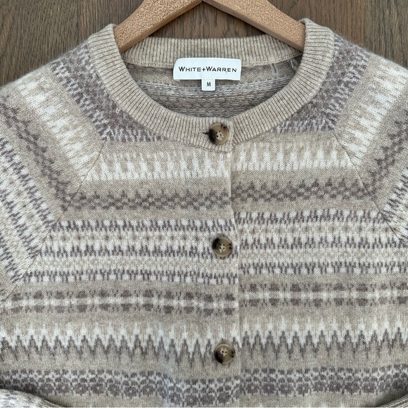 EUC White + Warren Warm Neutral Cashmere Fair Isle Cardigan Sweater Tan Cream M - Picture 3 of 8